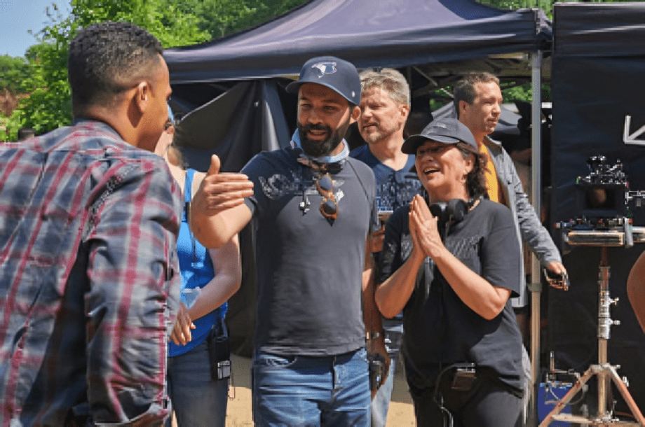 Film crew interacting on set